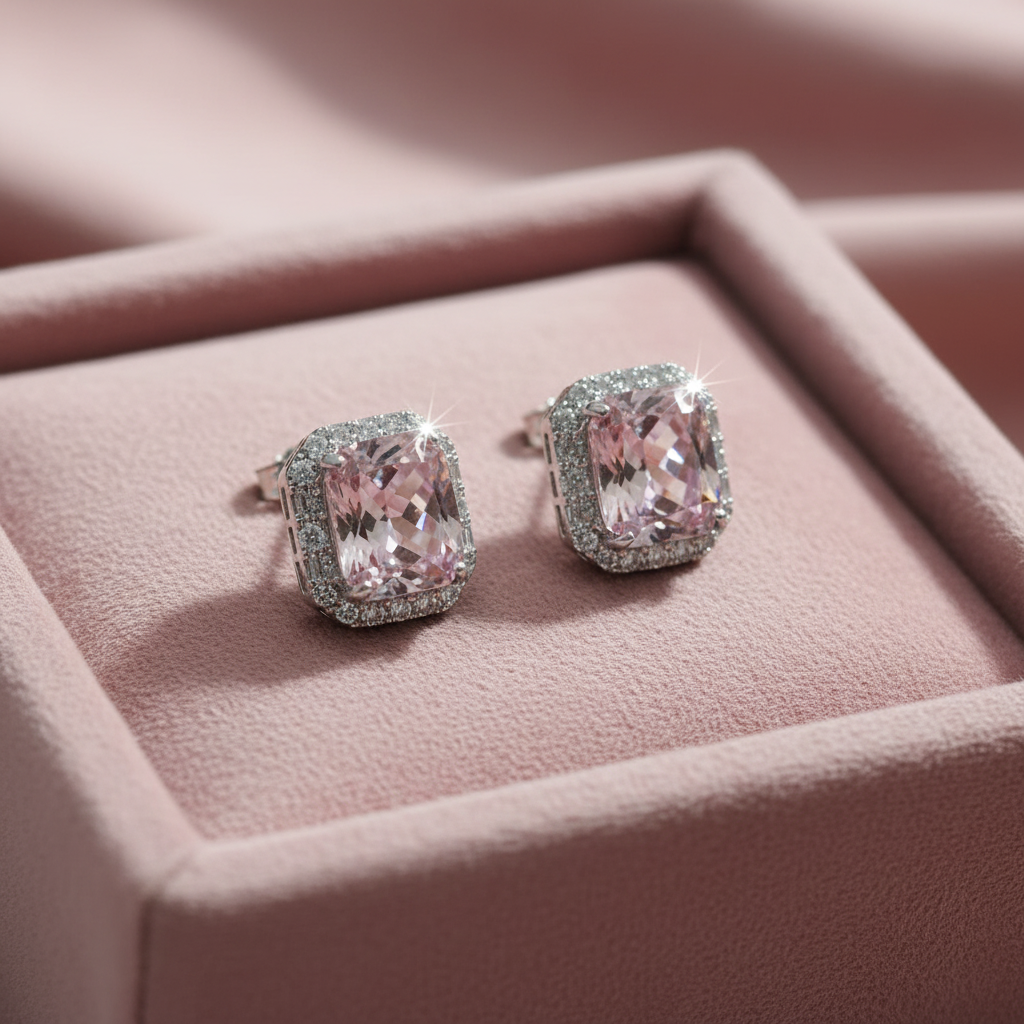 Blush pink CZ cushion rectangle halo stud earrings on dusty rose velvet - luxe editorial style
