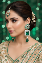 Silver AD Emerald Green CZ Sunflower Top Trapezoid Bell Drop Earrings - Bridal Lifestyle Editorial