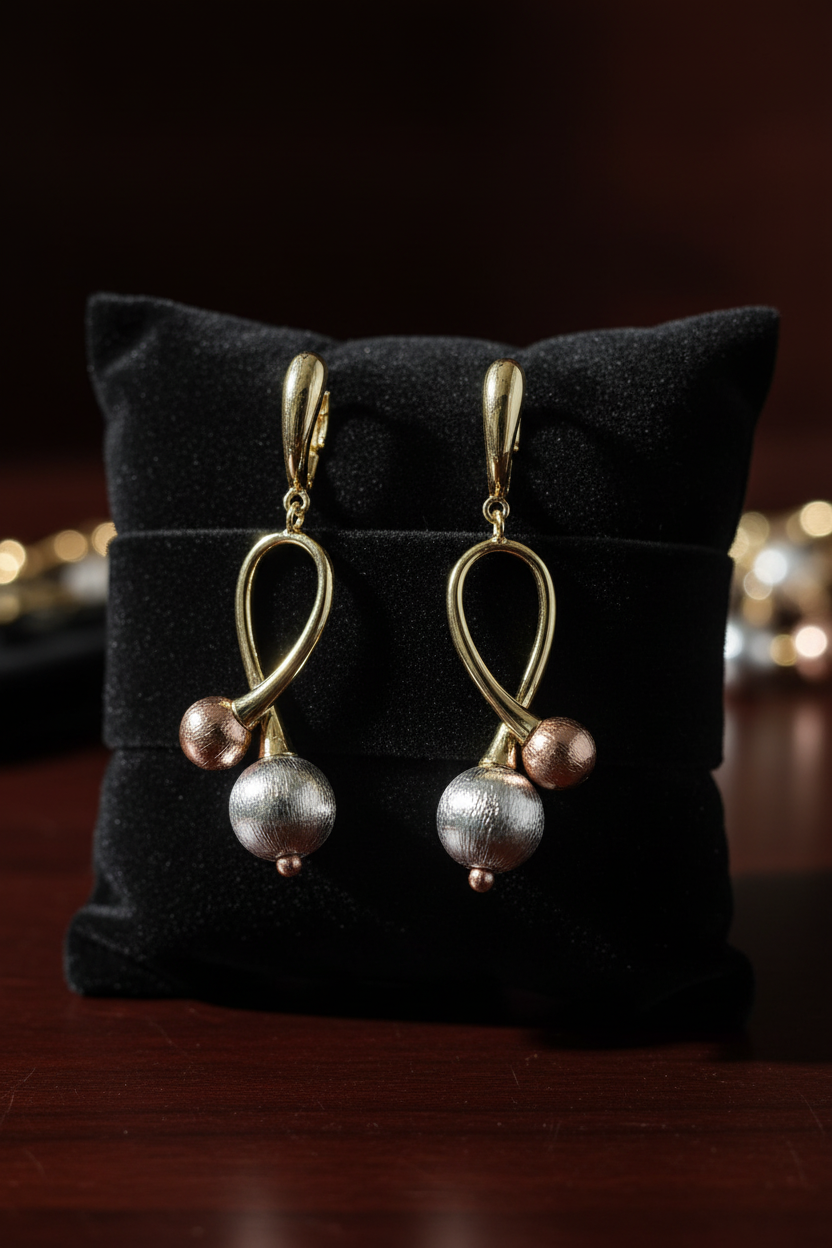 Tri-Tone Ball Drop Hoop Earrings – dark velvet luxury editorial promotional image