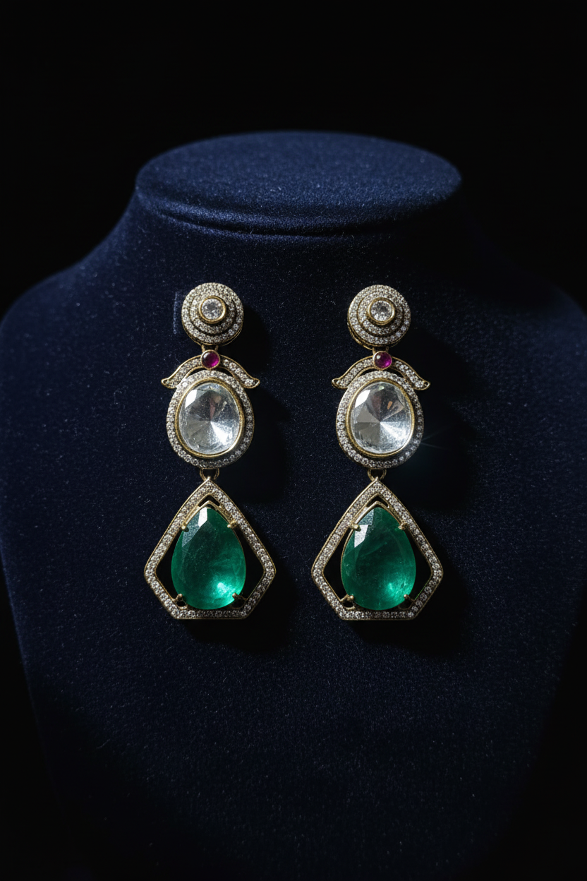 Polki Emerald Three-Tier Chandelier Drop Earrings – dark velvet luxury editorial promotional image