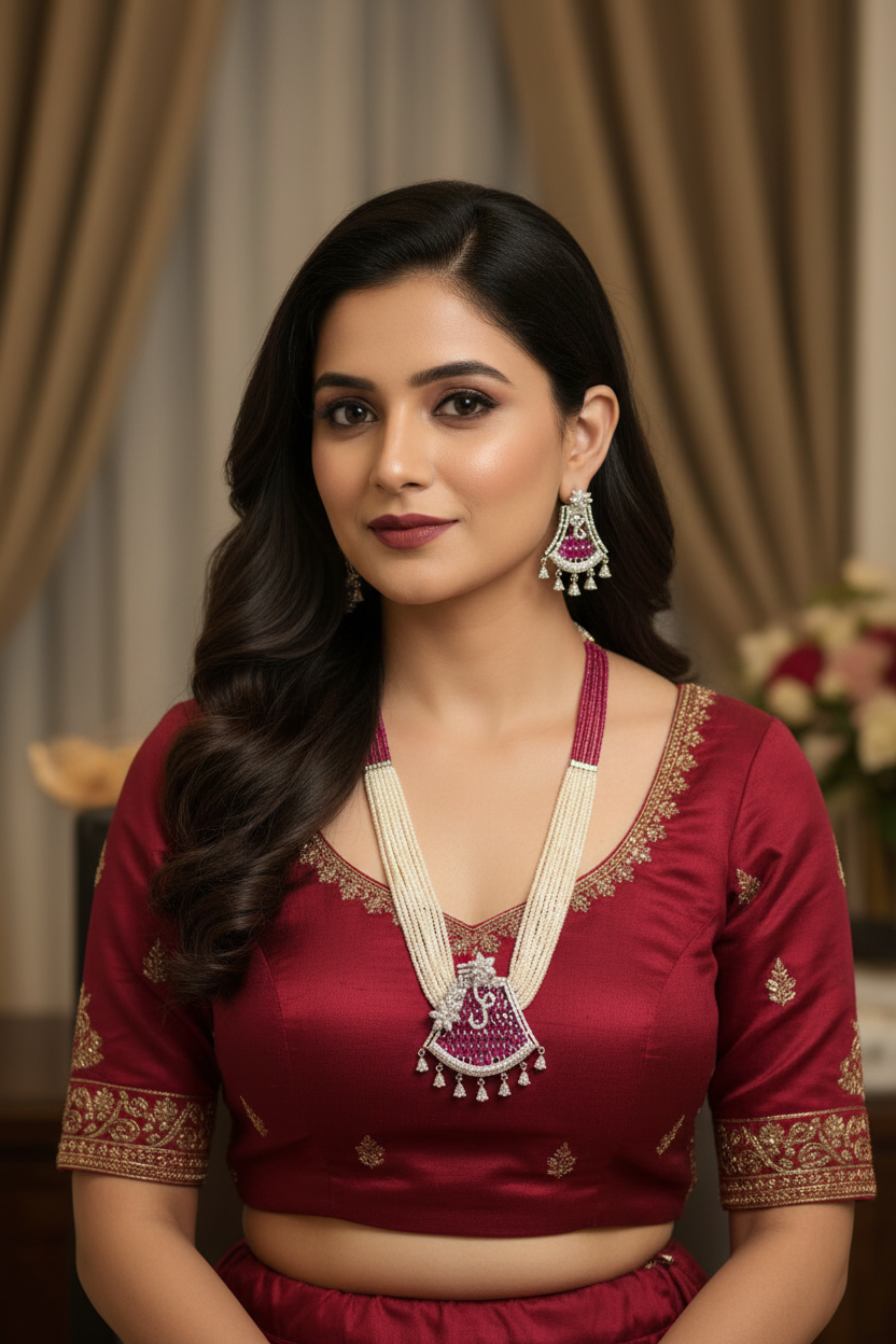 Bridal lifestyle — model wearing ruby pink bead and pearl AD peacock fan pendant long necklace set