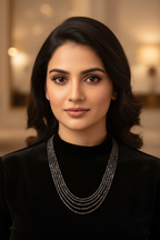Hematite necklace worn on model, editorial style