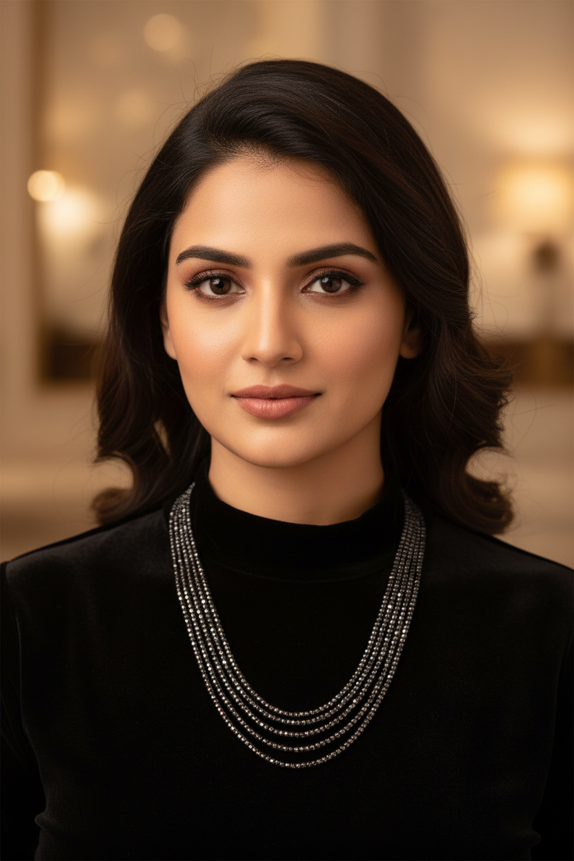 Hematite necklace worn on model, editorial style