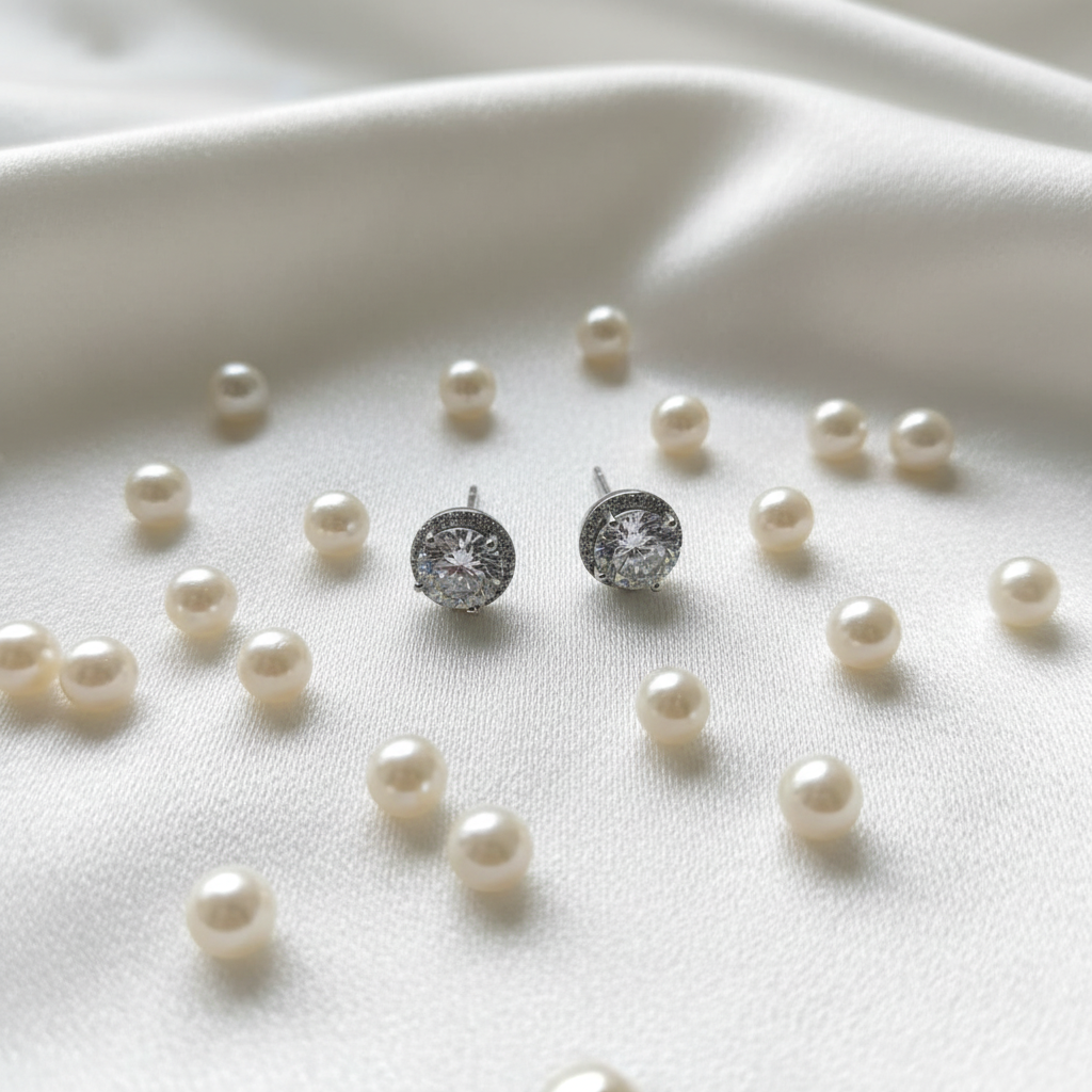 White CZ round cluster halo stud earrings on white silk with pearls - lifestyle style