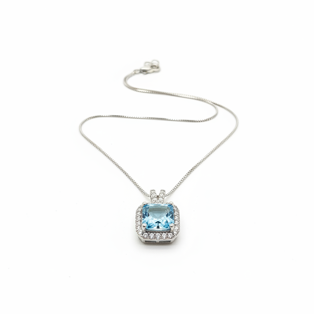 Ice Blue Square CZ Box Chain Pendant - Studio White Background