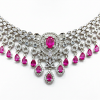 Close-up macro of AD floral clusters and fuchsia teardrop fringe drops
