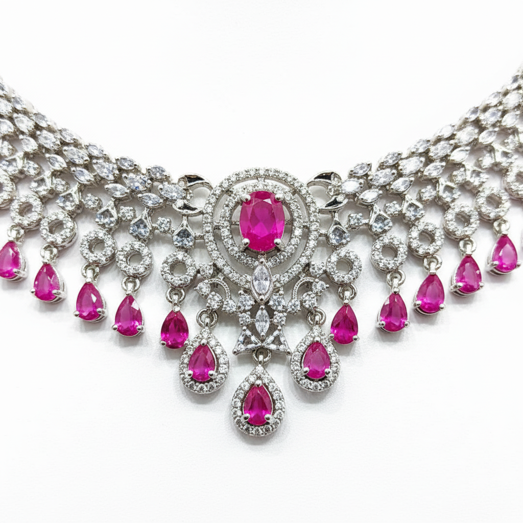 Close-up macro of AD floral clusters and fuchsia teardrop fringe drops