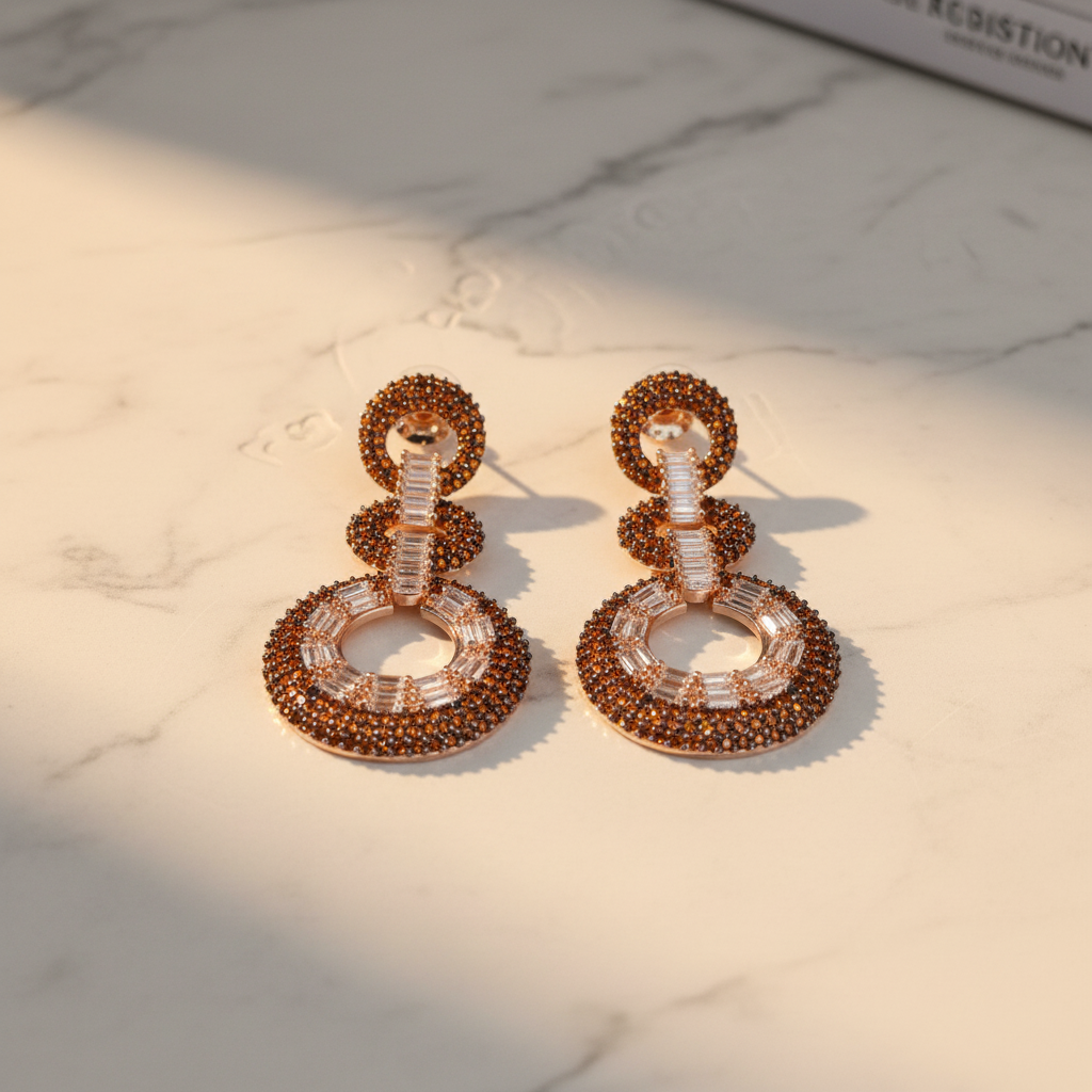Amber Citrine CZ Double Circle Earrings – luxury flat lay on marble