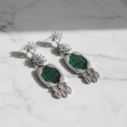 Emerald Green CZ White Marquise Heart Shield Chandelier Earrings – luxury flat lay on marble