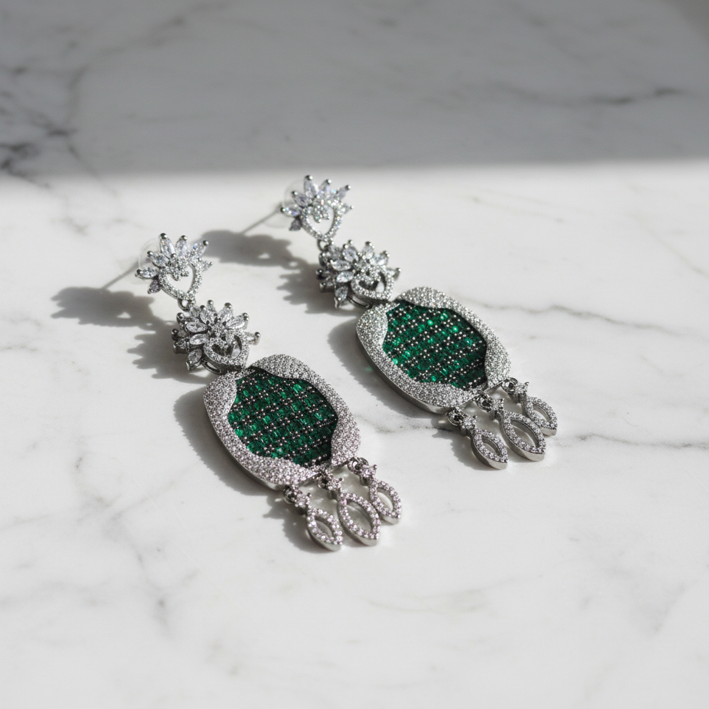 Emerald Green CZ White Marquise Heart Shield Chandelier Earrings – luxury flat lay on marble