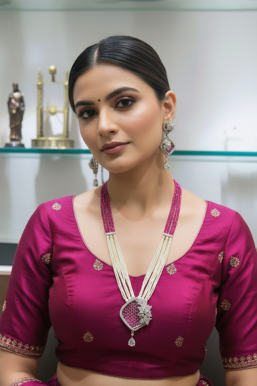 Bridal lifestyle — model wearing ruby pink bead and pearl AD shield pendant long necklace set