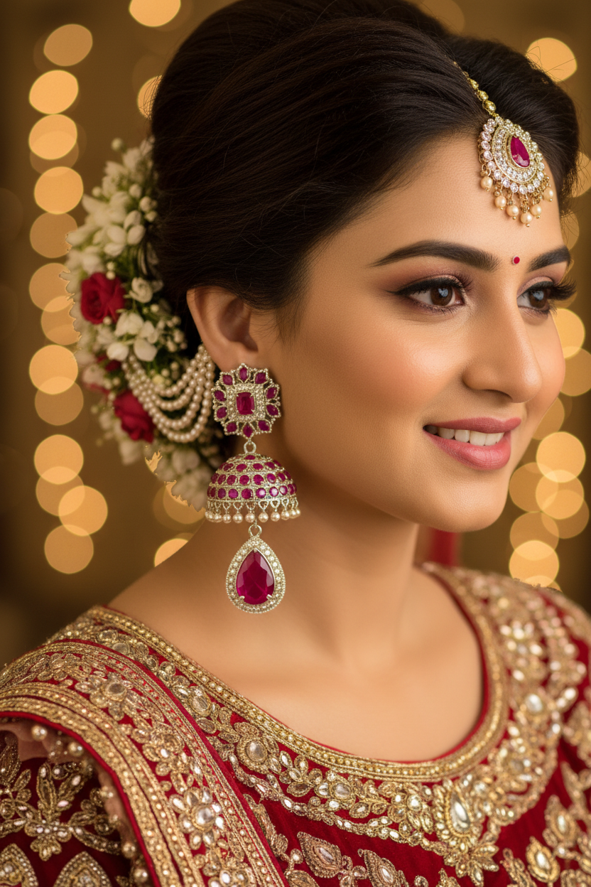 Silver AD Ruby Red CZ Jhumka Earrings - Bridal Lifestyle Editorial