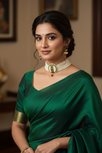 Lifestyle shot — model wearing multi-strand seed pearl choker with ruby and emerald circular disc centrepiece and jhumka set