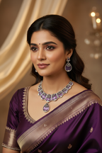 Bridal lifestyle — model wearing amethyst purple and white AD fan panel teardrop pendant necklace set