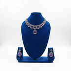 Amethyst purple and white AD fan panel teardrop pendant necklace set on navy velvet display
