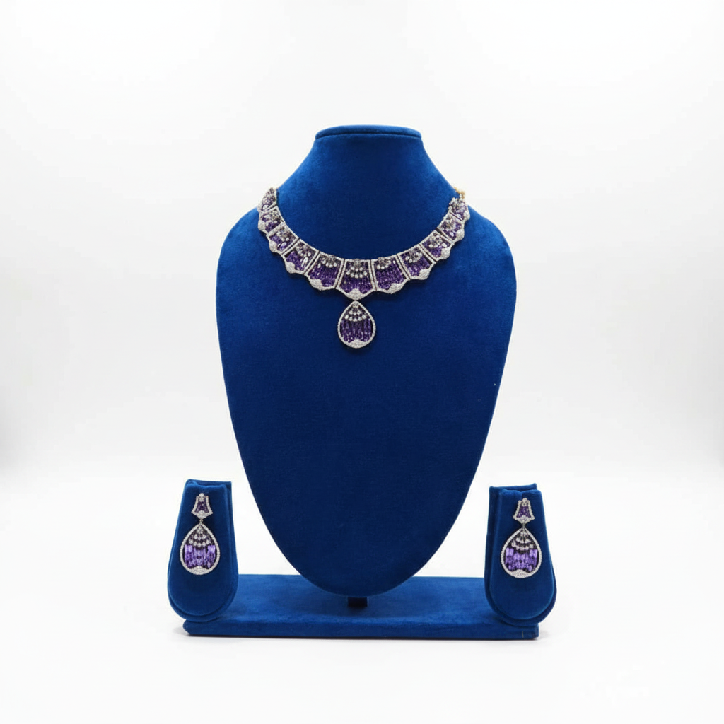 Amethyst purple and white AD fan panel teardrop pendant necklace set on navy velvet display