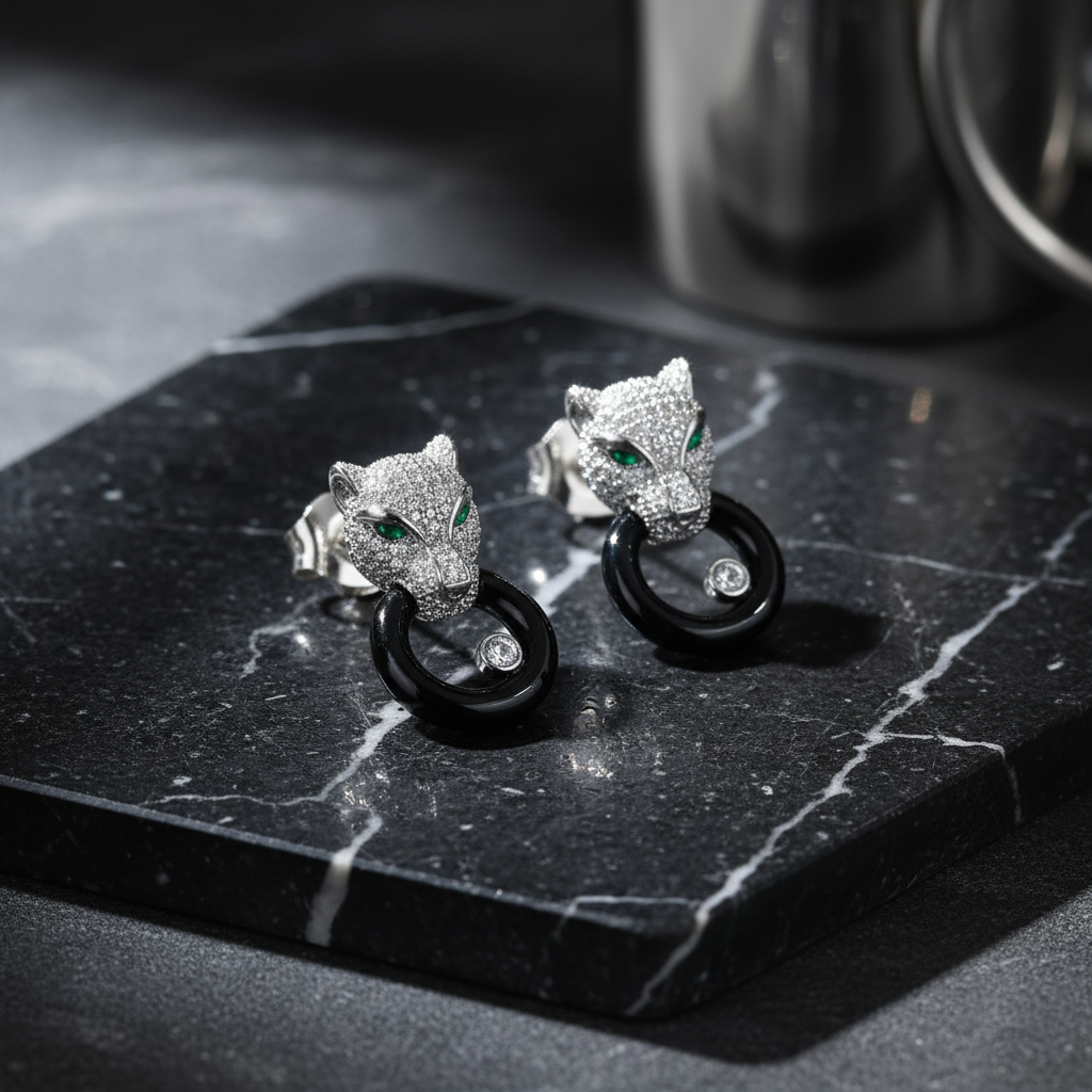 CZ Panther Head Earrings – luxury flat lay on black marble