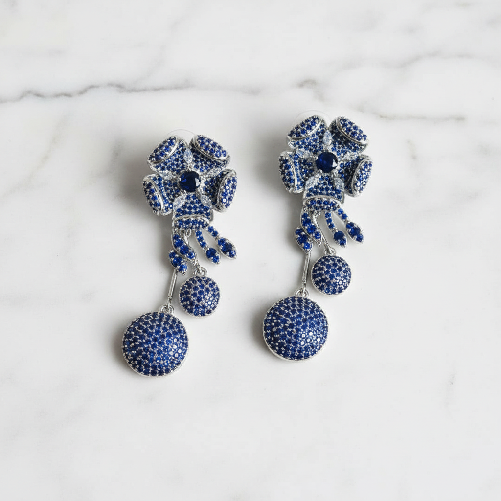 Sapphire Bloom Crystal Drop Earrings - flat lay promotional