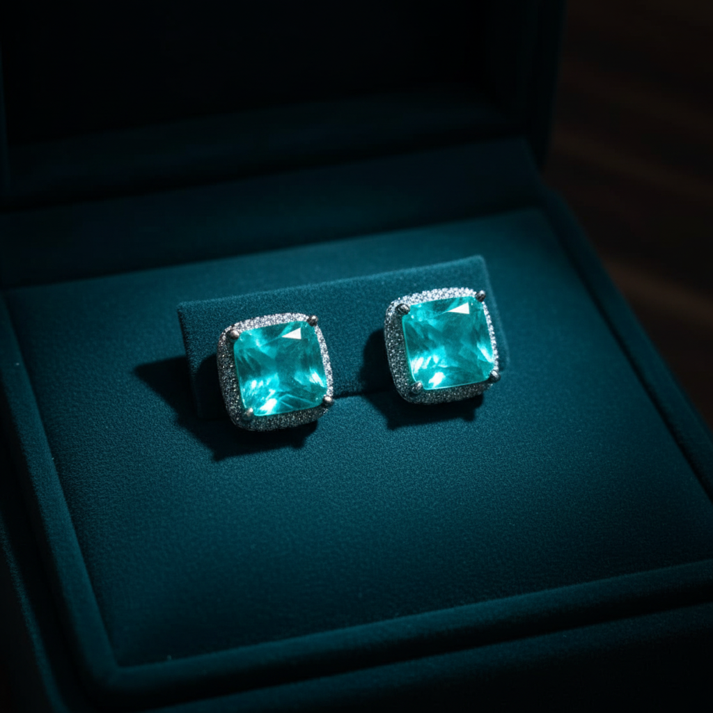 Teal turquoise CZ cushion square halo stud earrings on dark teal velvet - moody editorial style
