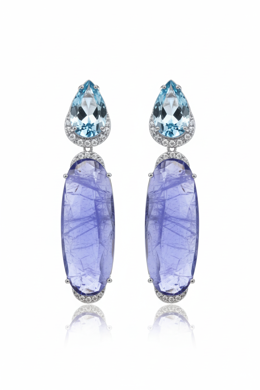 Tanzanite Blue Oval Drop Earrings – white background studio promotional image