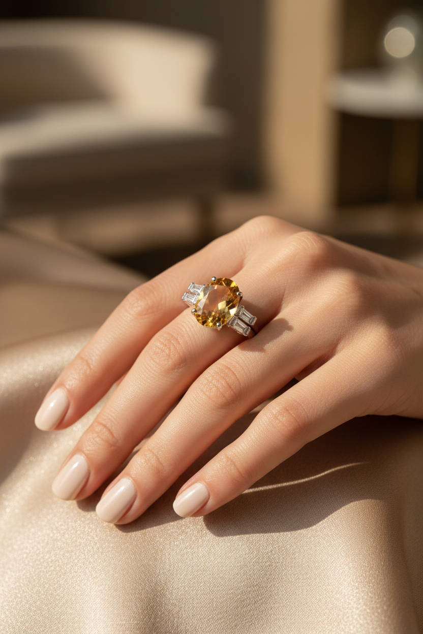 92.5 Sterling Silver Citrine Yellow Oval Ring lifestyle editorial shot