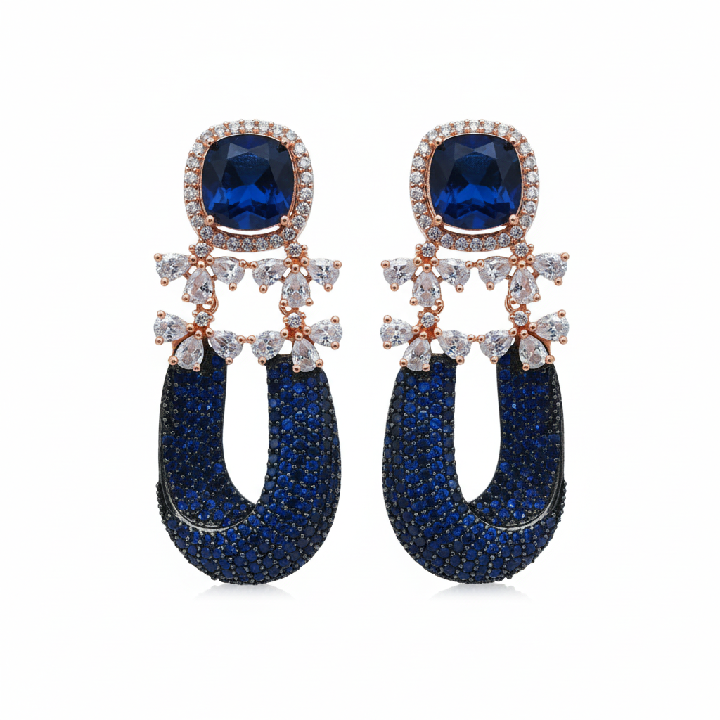 Royal Blue Sapphire Horseshoe Drop Earrings - white background studio shot