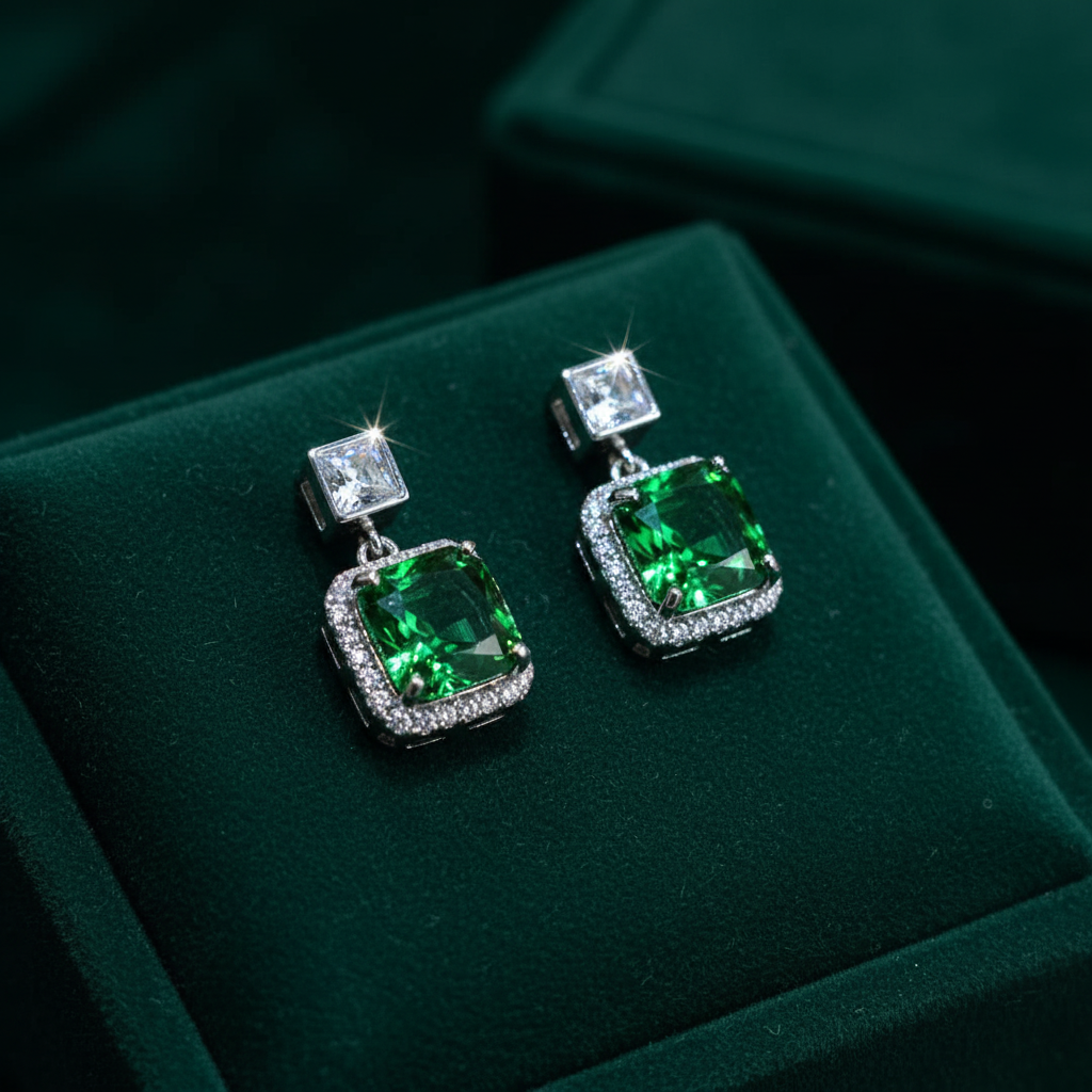 Emerald green CZ cushion halo drop earrings on forest green velvet - dark editorial style