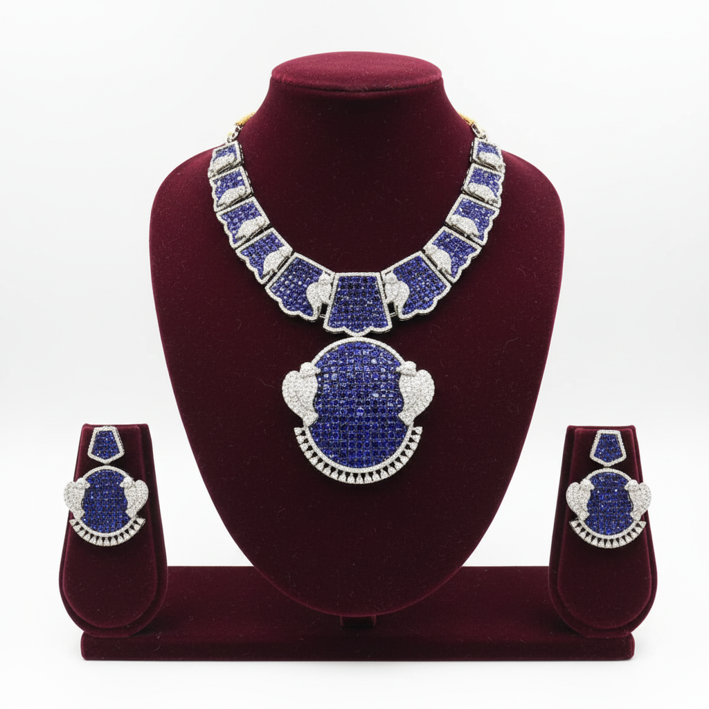 Sapphire blue and white AD art deco panel choker necklace set on burgundy velvet display