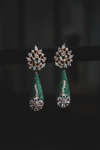 Emerald Green & Diamond Drop Earrings - editorial lifestyle shot