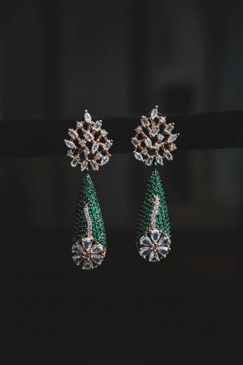 Emerald Green & Diamond Drop Earrings - editorial lifestyle shot