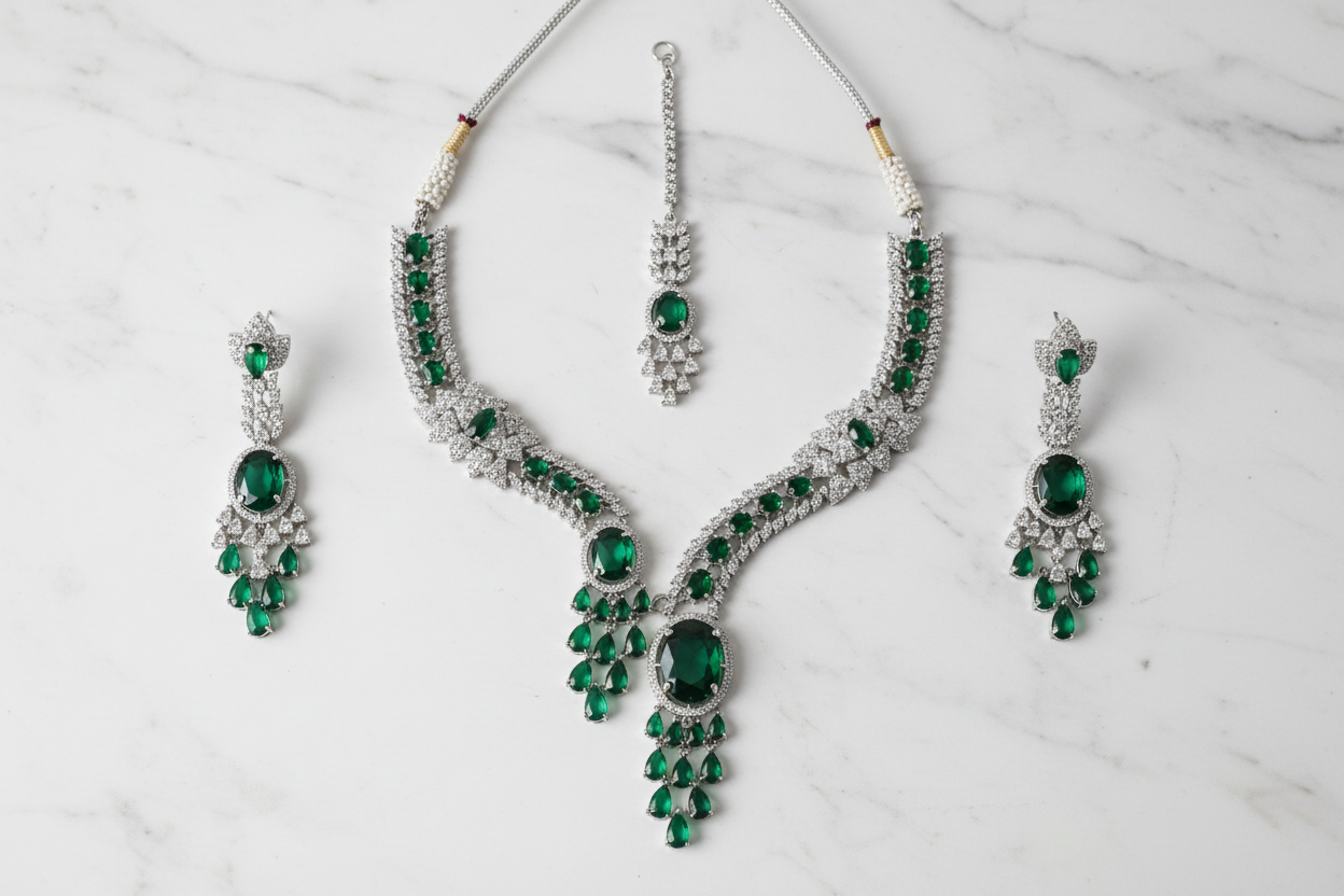 Emerald AD Necklace Set flat lay on marble