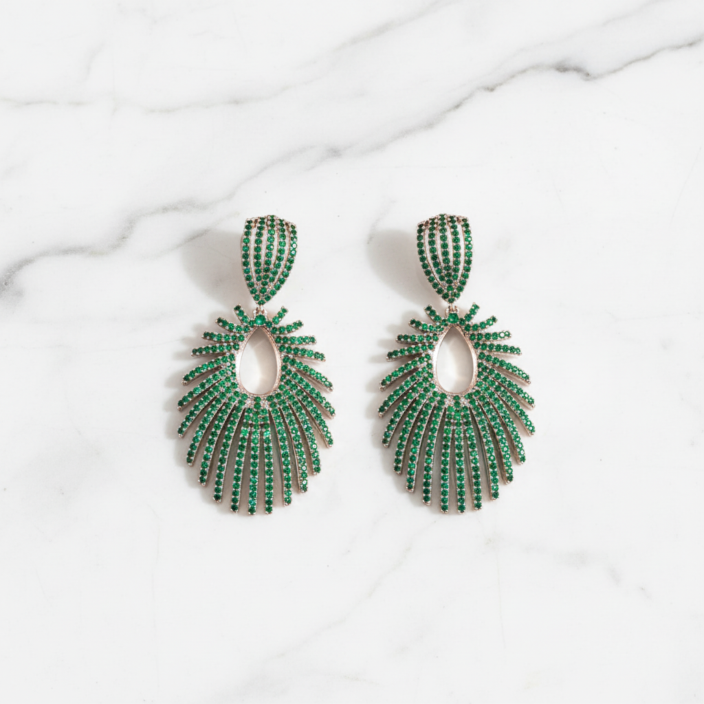 Rose Gold AD Emerald Peacock Fan Earrings - Studio Promotional Shot