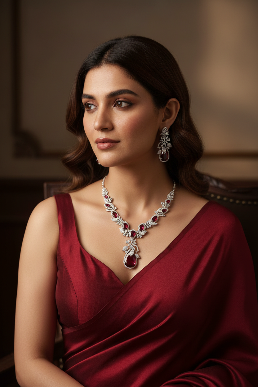 Lifestyle shot — model wearing white AD and garnet red floral leaf pendant necklace set