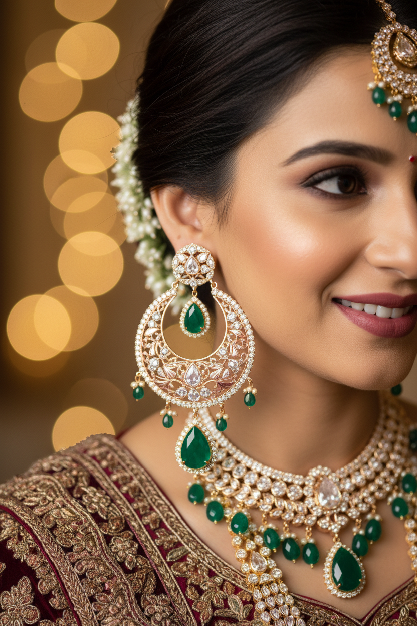 Rose Gold AD Chandbali Earrings - Bridal Lifestyle Editorial