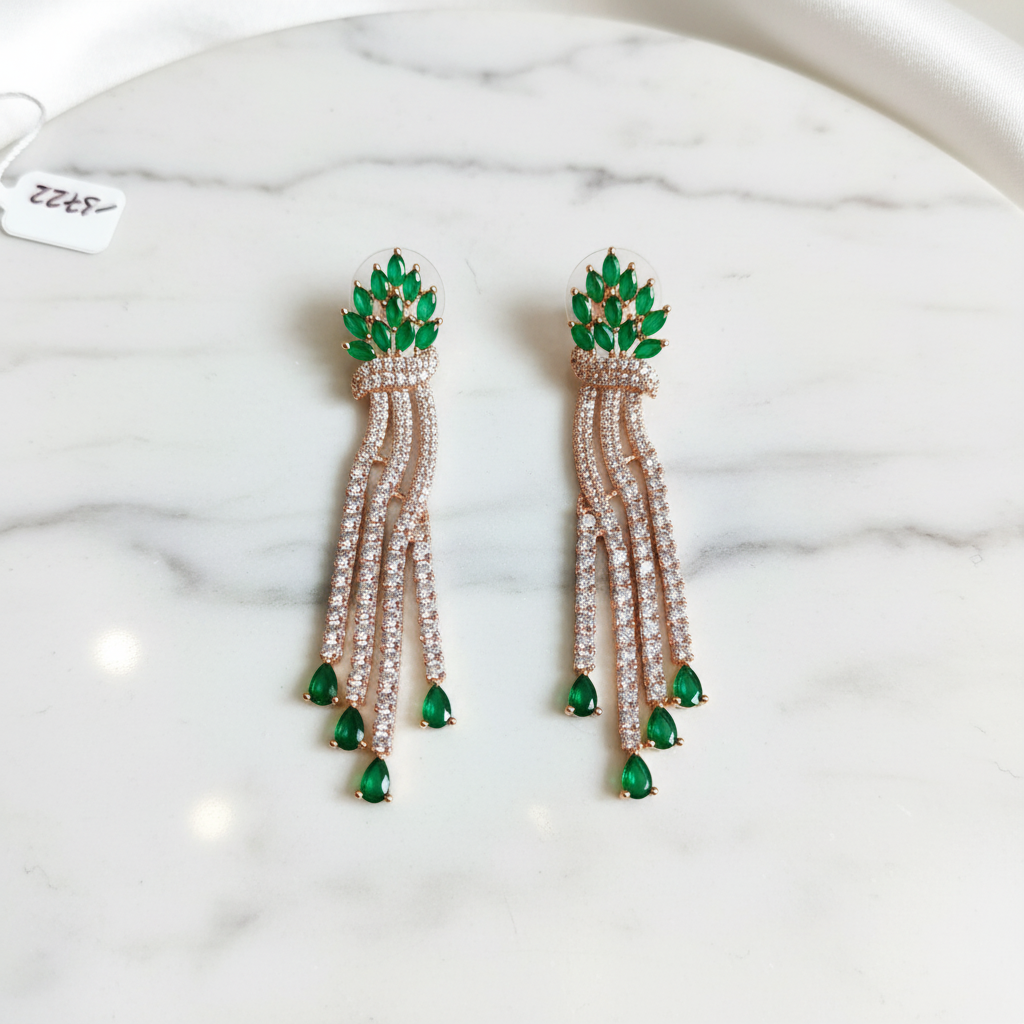 Rose Gold AD Emerald Green Marquise Leaf Fan Diamond Chain Tassel Earrings - Studio Promotional Shot