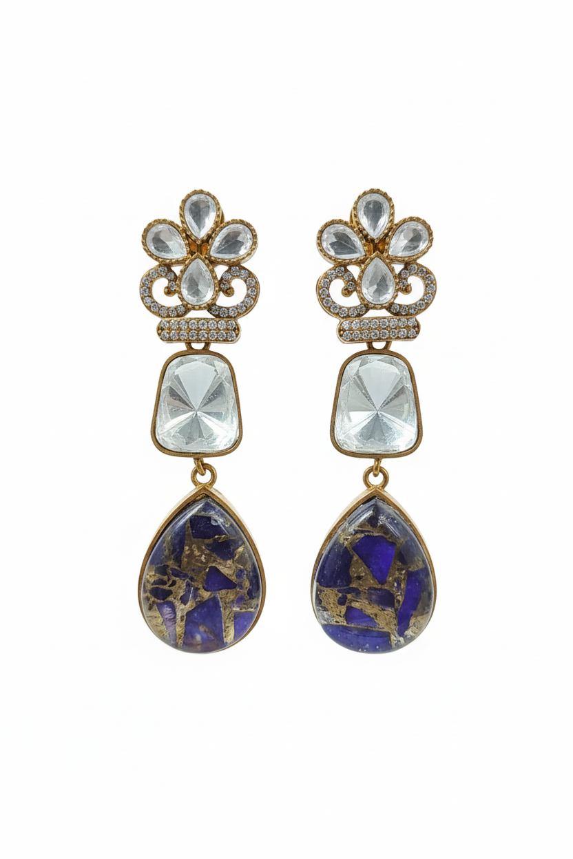 Polki Crown Lapis Mosaic Drop Earrings – white background studio promotional image