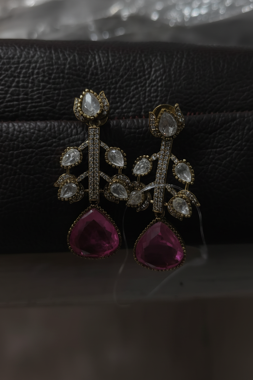 Polki Botanical Vine Pink Tourmaline Drop Earrings – dark velvet luxury editorial promotional image