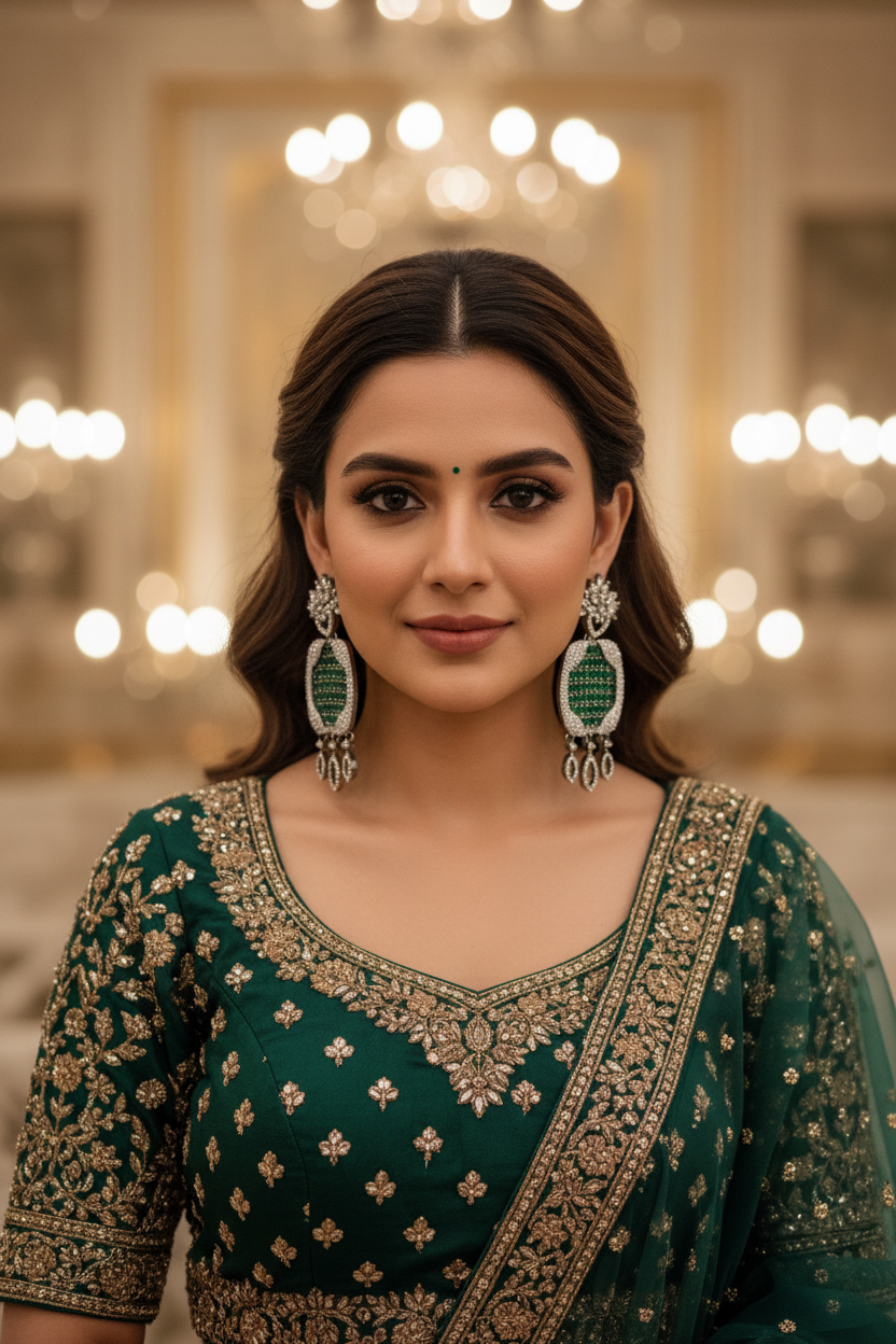Emerald Green CZ White Marquise Heart Shield Chandelier Earrings – Indian bridal lifestyle editorial