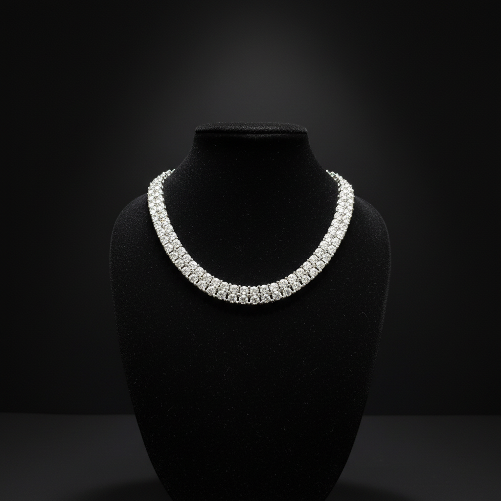White AD diamond tennis necklace on dark velvet studio display