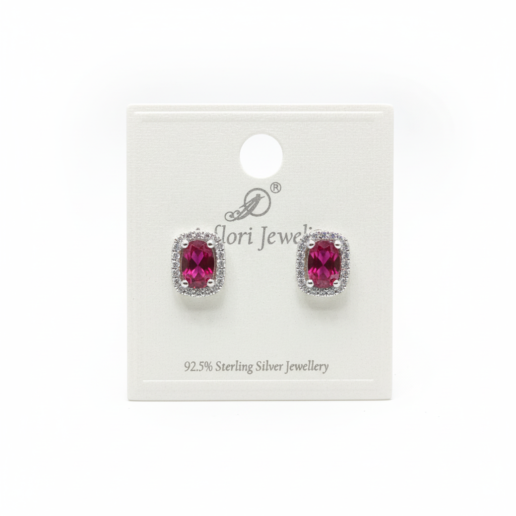 92.5 Sterling Silver Ruby Red Oval CZ Halo Stud Earrings studio product shot