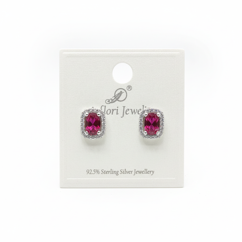 92.5 Sterling Silver Ruby Red Oval CZ Halo Stud Earrings studio product shot