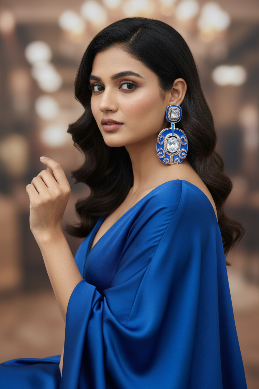 Royal Blue Enamel CZ Filigree Disc Earrings – lifestyle editorial evening look