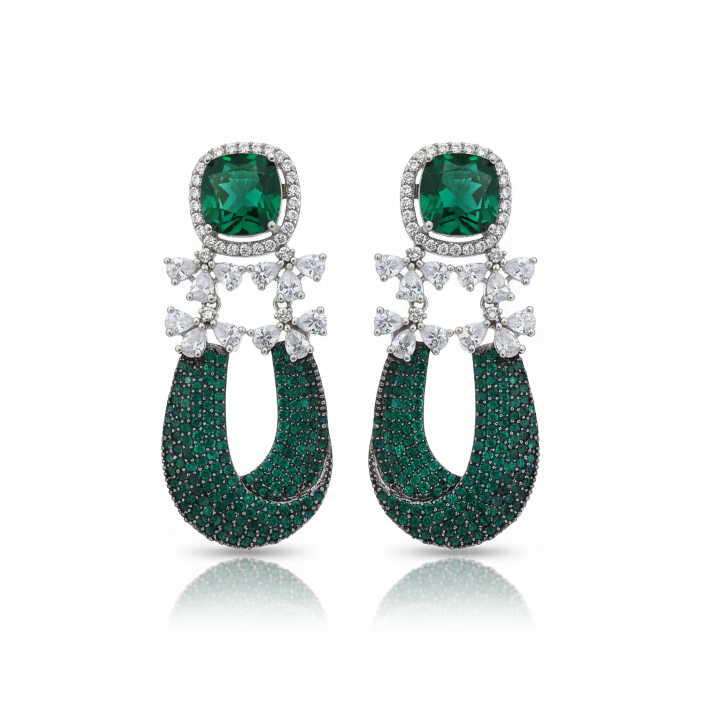 Emerald Green Horseshoe Drop Earrings - white background studio shot