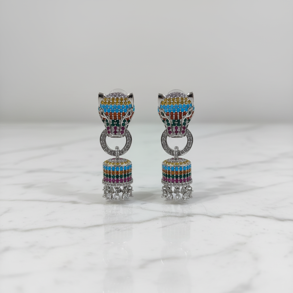 Rainbow CZ Barrel Jhumka Earrings – luxury flat lay on marble