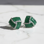 Emerald Green CZ Invisible-Set Fan Stud Earrings – luxury flat lay on marble