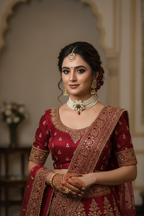Bridal lifestyle — model wearing multi-strand seed pearl choker with ruby and emerald floral centrepiece set
