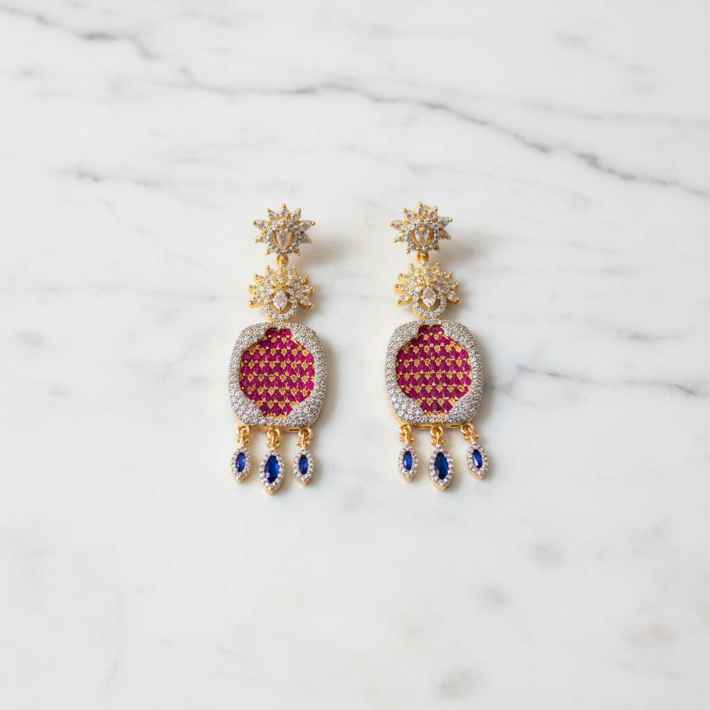 Gold AD Ruby Red CZ Oval Earrings - Studio Promotional Shot
