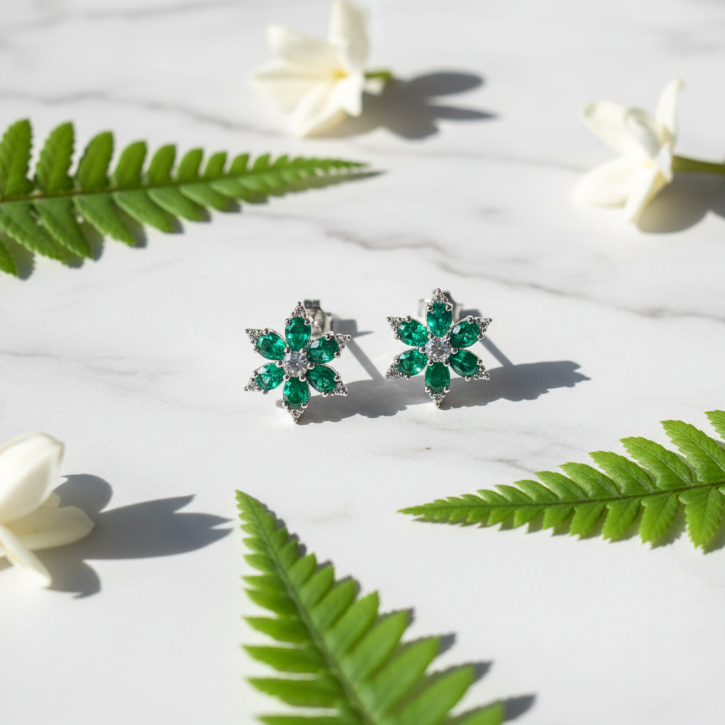 Emerald green CZ floral star stud earrings on white marble with fern and jasmine - garden lifestyle style