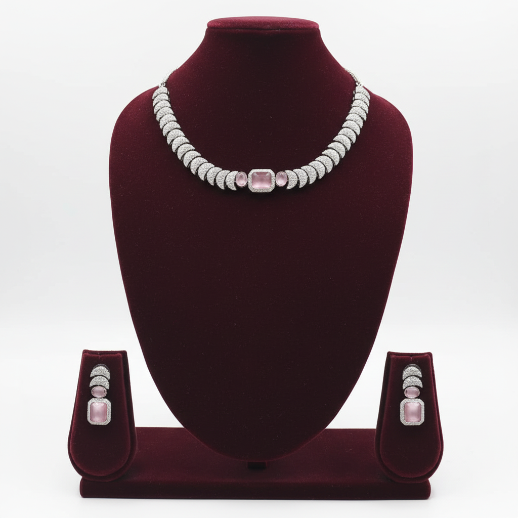 Rose pink AD pave disc necklace set on burgundy velvet display