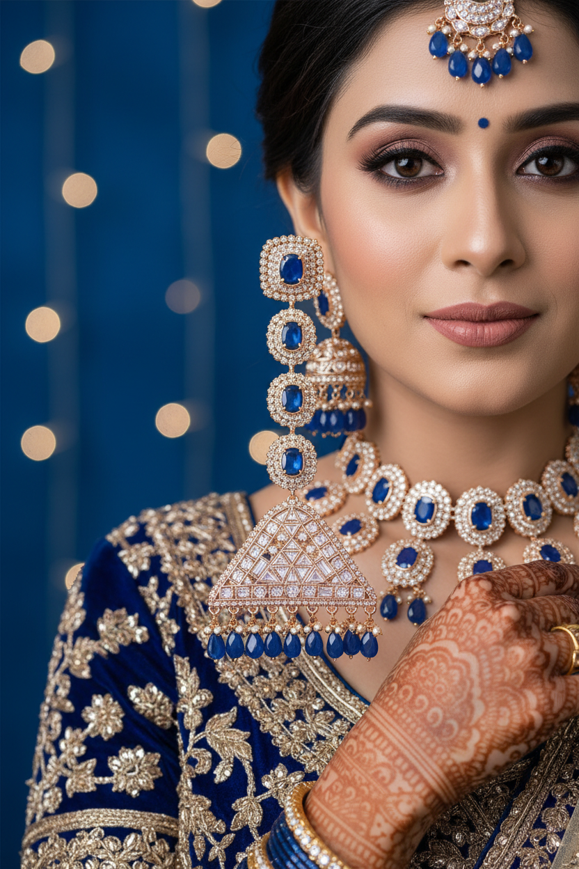 Rose Gold AD Sapphire Blue CZ Jhumka Drop Earrings - Bridal Lifestyle Editorial